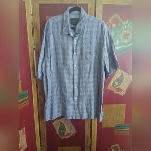 Jos A Bank Reserve Linen Button Up Shirt Men's Sz XXL Blue Plaid Short Sleeve